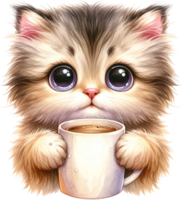 ai généré mignonne chaton en portant une café tasse avec les yeux écarquillés merveille png