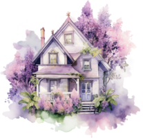 ai generiert Aquarell Illustration von gemütlich Haus mit Blühen lila Bäume png
