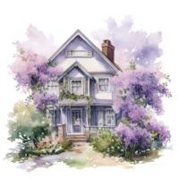 ai genererad charmig victorian hus med blomstrande lila buskar png