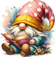 ai généré enchanté gnome immergé dans une livre avec une floral à pois chapeau png