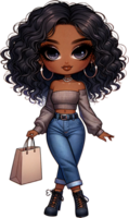 AI generated Chibi Fashion Girl with Handbag in Casual Jeans Watercolor Clipart Isolated png