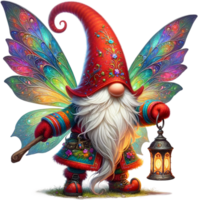 ai généré enchanté Fée gnome en portant lanterne avec papillon ailes png