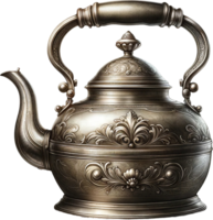 ai gegenereerd antiek zilver theepot met bloemen gravures waterverf clip art geïsoleerd png