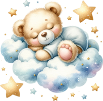 ai generado osito de peluche oso siesta entre estrellas acuarela clipart aislado png