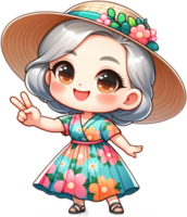AI generated Summer Outfit Chibi Grandma Watercolor Clipart Isolated png
