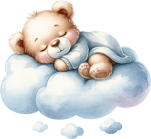 ai generato addormentato orsacchiotto orso su nube acquerello clipart isolato png