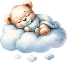 ai generado dormido osito de peluche oso en nube acuarela clipart aislado png