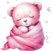 ai generato addormentato rosa orsacchiotto orso avvolto nel coperta acquerello clipart isolato png