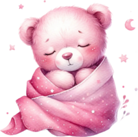 ai generato addormentato rosa orsacchiotto orso avvolto nel coperta acquerello clipart isolato png