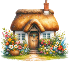 AI generated Thatched Roof Cottage with Spring Flowers Watercolor Clipart Isolated png