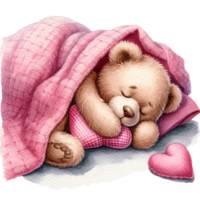 AI generated Pink Teddy Bear Sleeping with Heart Pillow Watercolor Clipart Isolated png