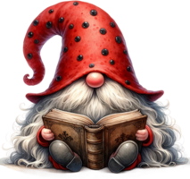 ai généré récit temps avec une chapeau rouge gnome en train de lire une livre png