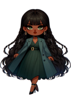 ai gerado chibi moda menina com Sombrio cabelo e verde vestir png