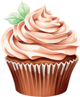 ai generiert klassisch Schokolade Cupcake mit wirbelte herum Vanille Glasur Aquarell png