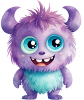 ai generado adorable lila peludo monstruo con grande azul ojos y cuernos png