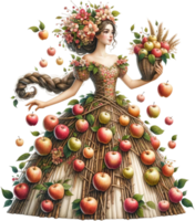 ai generiert Ernte Mädchen umgeben durch fliegend Äpfel png