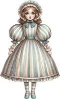 AI generated Traditional Doll in Blue Striped Gown with Bonnet png