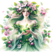 AI generated Spring Nymph Cradling a Green Apple png