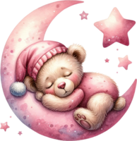 ai generato orsacchiotto orso addormentato su Luna acquerello clipart isolato png