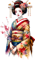 ai generato geisha con ciliegia fiori acquerello clipart isolato png