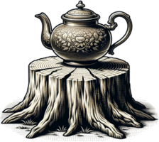 AI generated Vintage Teapot on Tree Stump Watercolor Clipart Isolated png