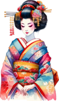 ai genererad färgrik geisha i vibrerande kimono vattenfärg ClipArt isolerat png