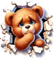 ai generiert neugierig Teddy Bär spähen durch Loch Aquarell Clip Art isoliert png