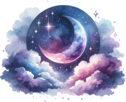 ai gerado crescente lua no meio nuvens aguarela ilustração aguarela clipart isolado png