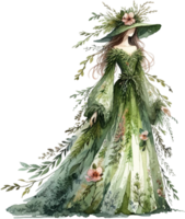 ai generado bosque bruja en flor vestido acuarela clipart aislado png