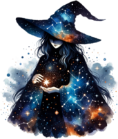 AI generated Witch Reading Starry Spellbook Watercolor Clipart Isolated png