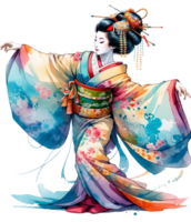 ai generado geisha en danza actitud con fluido kimono acuarela clipart aislado png