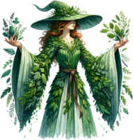 AI generated Herbal Witch with Greenery Robes Watercolor Clipart Isolated png