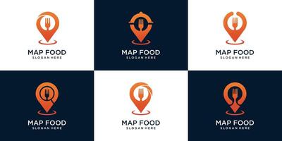 set off Food location logo design, with pin, fork, magnifying glass and business card concept Premium Vector