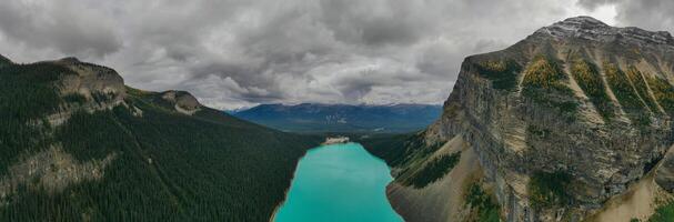 Panoramic aerial view of Lake Louise, with its spectacular turquoise color. photo