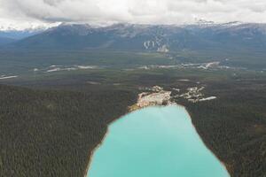 Aerial view of Lake Louise, with its spectacular turquoise color. photo