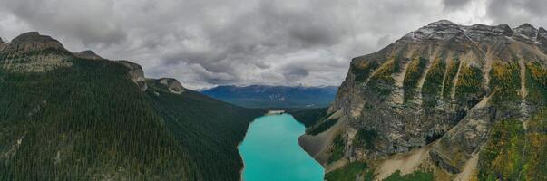Panoramic aerial view of Lake Louise, with its spectacular turquoise color. photo