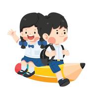 Happy Kids student riding flying pencil go to school vector