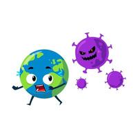 Earth character running from deadly virus cartoon illustration vector