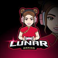 lunar jugador niña deporte logo plantilla, linda oriental personaje en tradicional chino rojo vestir jugando vídeo juegos mascota logo vector