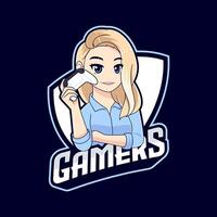 Cute blonde gamer girl holding game pad logo mascot vector