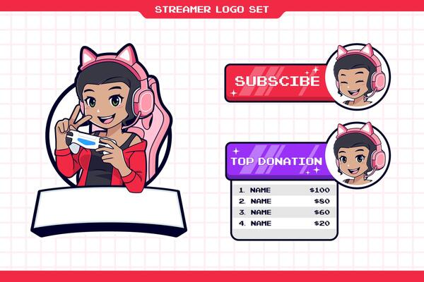 Cute african american girl gaming streamer logo set