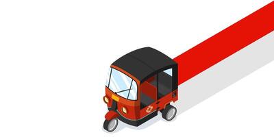 Indonesian auto rickshaw tuk tuk with national flag banner isometric vector illustration