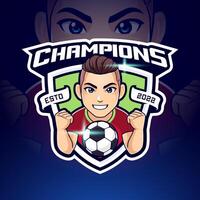 Champions sport ball badge logo template. Winner mascot character vector illustration