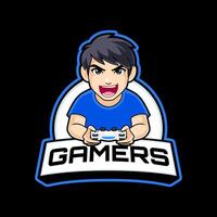 Gamer boy mascot logo cartoon playing console gaming. gamer illustration for streamer, badge or esport team vector