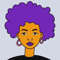 Portrait of young african american woman with purple lip, curly afro hair and piercing. Vector avatar of female character isolated on background