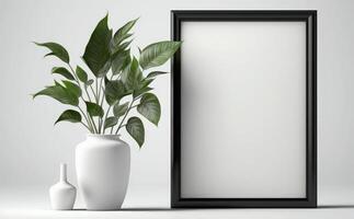 Empty picture frame mockup on a wall vertical frame mockup in modern minimalist interior with plant in trendy vase on wall background Template for painting photo or poster