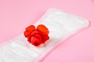 toalla sanitaria y flor roja sobre fondo rosa. concepto de menstruación. foto