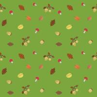 Oak and fall leaves, acorns and fly agaric on a green background, fall. Vector pattern