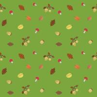 Oak and fall leaves, acorns and fly agaric on a green background, fall. Vector pattern