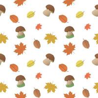 Maple and autumn leaves, mushrooms with and without grass are chaotically arranged on white background. Vector pattern
